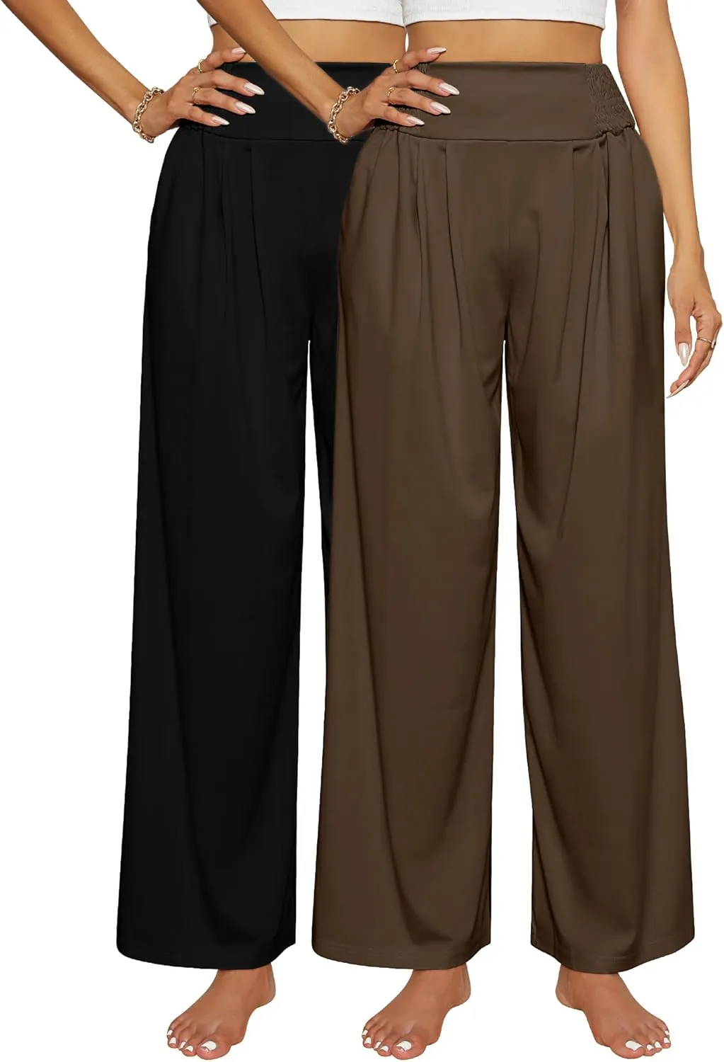2 Pcs Women's Wide Leg Pants High Waist Casual Lounge Palazzo Pant with Pockets Comfy Beach Pants Trousers for Women (Black Brown,X-Large)