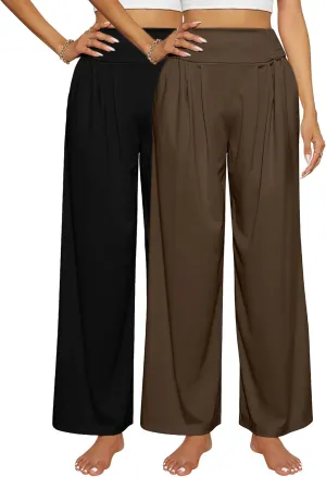 2 Pcs Women's Wide Leg Pants High Waist Casual Lounge Palazzo Pant with Pockets Comfy Beach Pants Trousers for Women (Black Brown,X-Large)