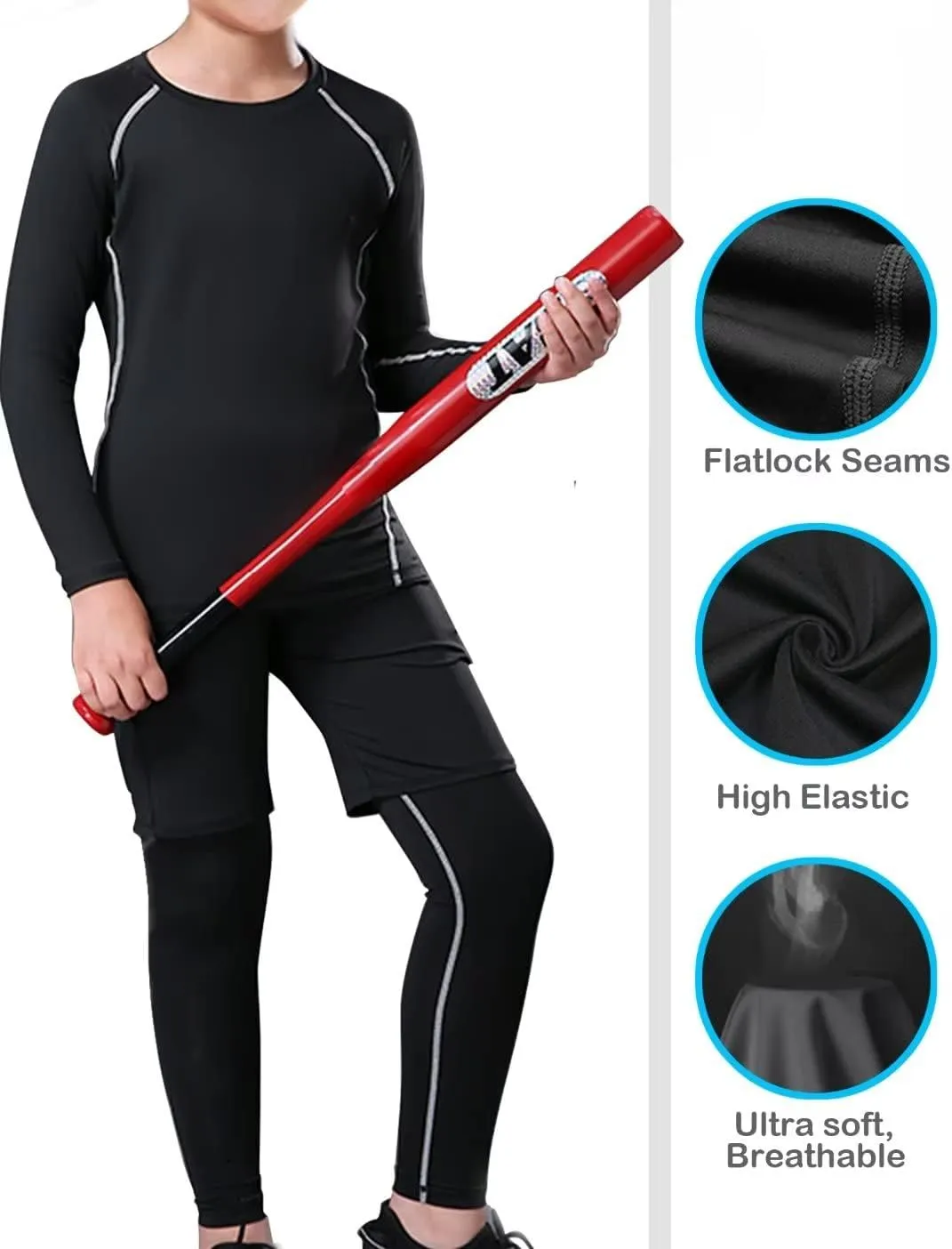 4 Pack Youth Boys Compression Pants Leggings Tights Athletic Base Layer Under Pants Gear for Football Sports