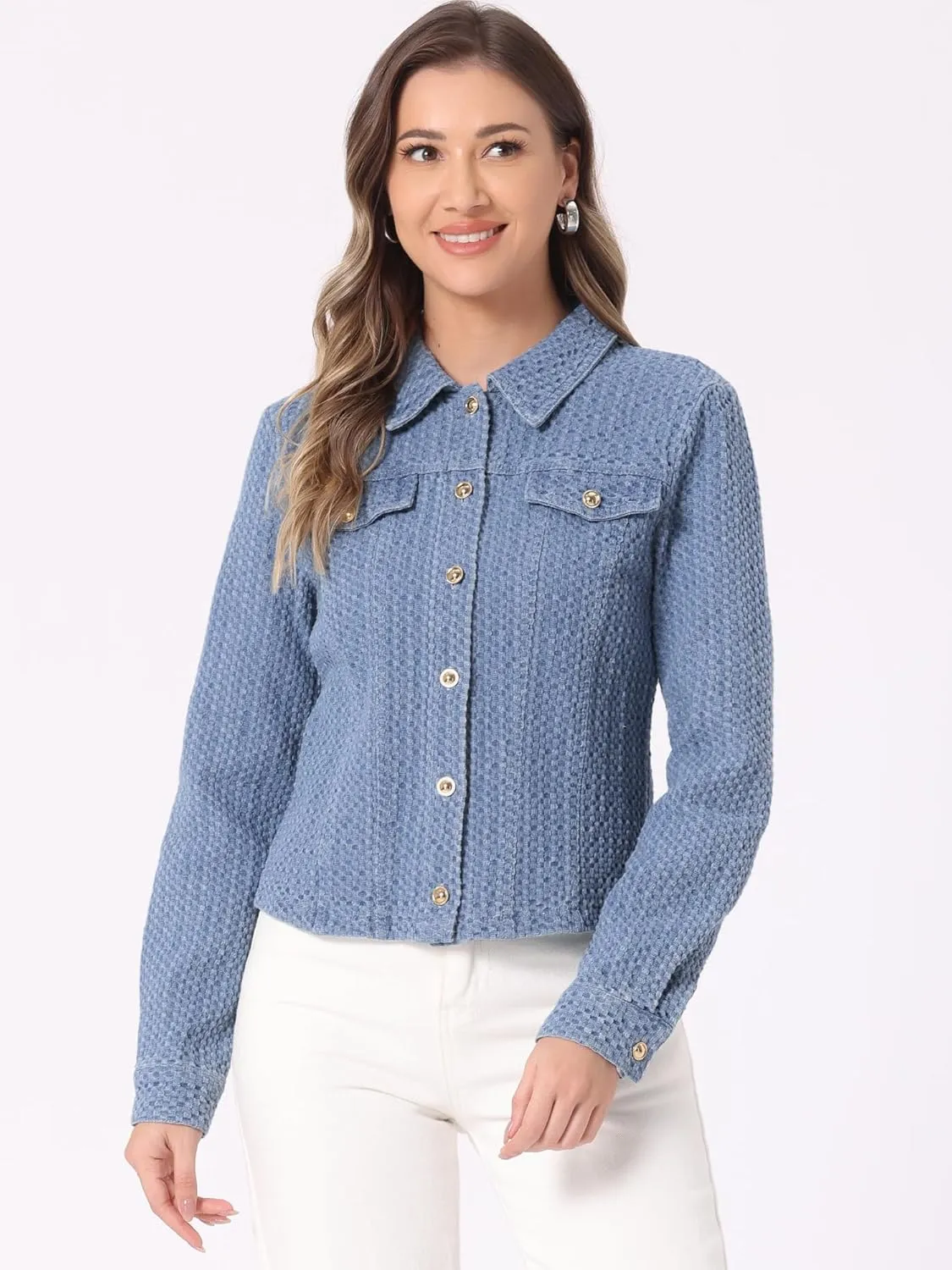 Allegra K Women's Denim Jacket Button Down Collared Long Sleeve Texture Casual Washed Jean Jackets