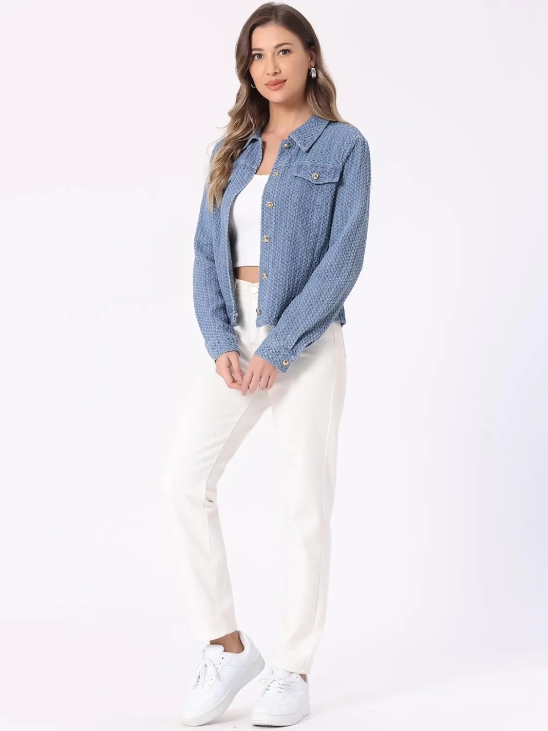 Allegra K Women's Denim Jacket Button Down Collared Long Sleeve Texture Casual Washed Jean Jackets
