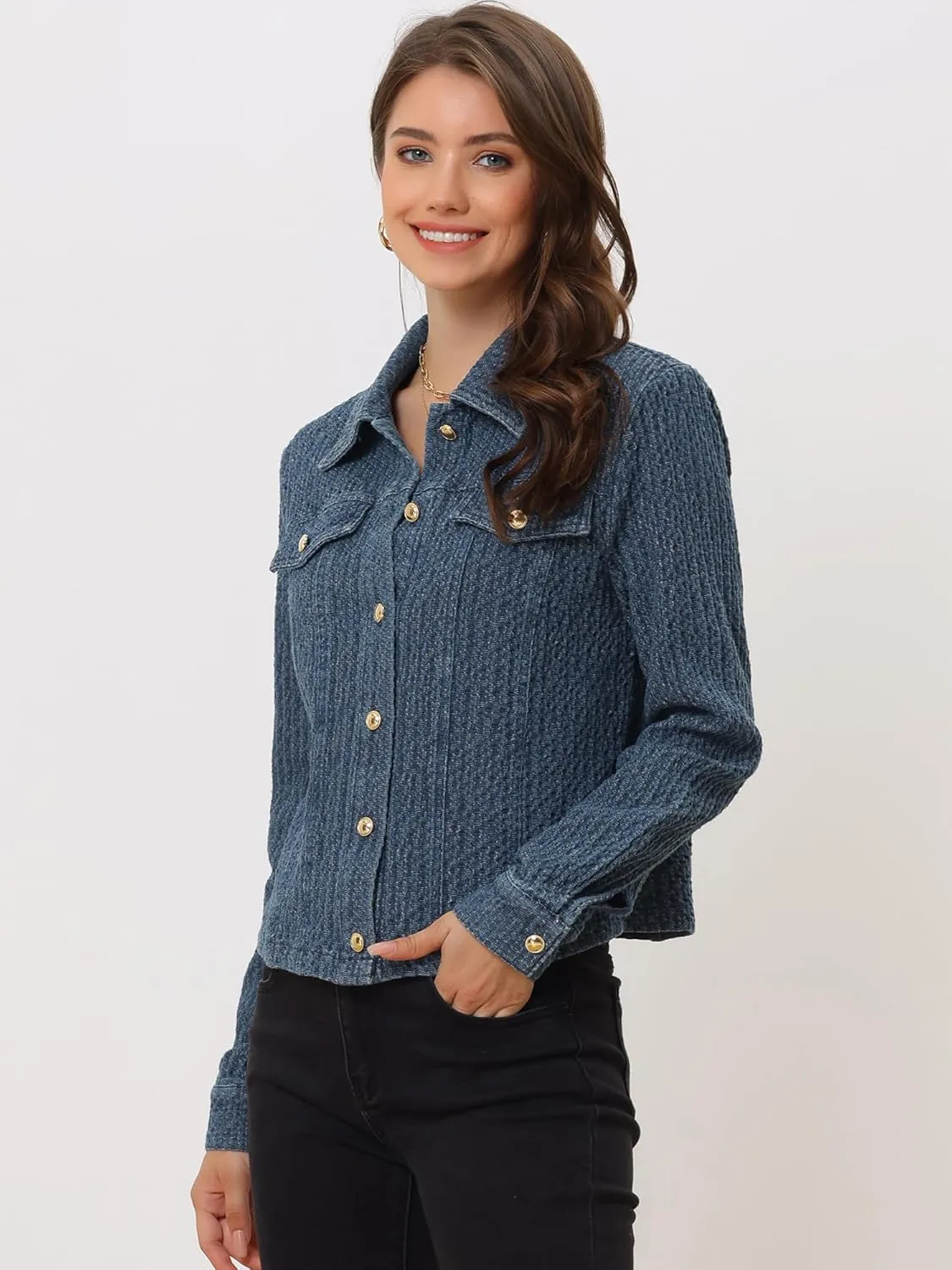 Allegra K Women's Denim Jacket Button Down Collared Long Sleeve Texture Casual Washed Jean Jackets