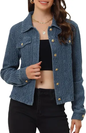 Allegra K Women's Denim Jacket Button Down Collared Long Sleeve Texture Casual Washed Jean Jackets