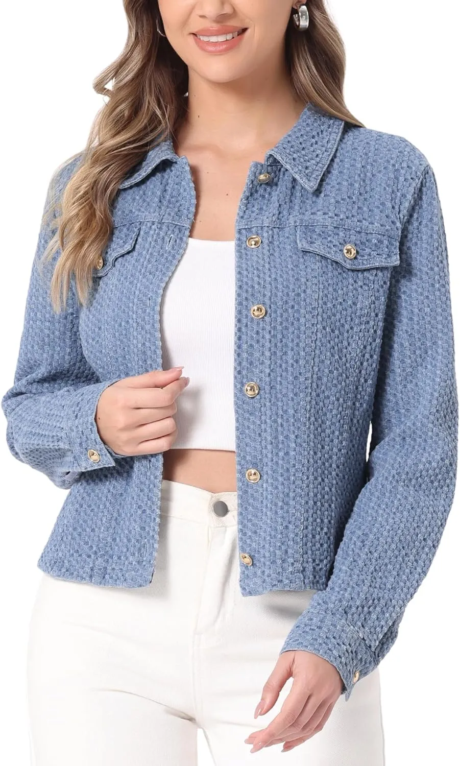 Allegra K Women's Denim Jacket Button Down Collared Long Sleeve Texture Casual Washed Jean Jackets