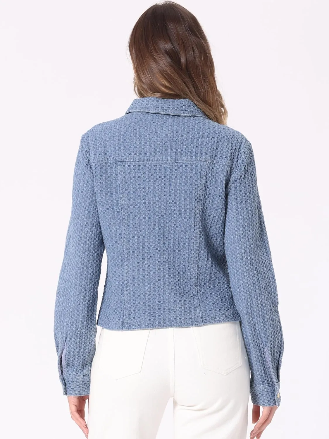 Allegra K Women's Denim Jacket Button Down Collared Long Sleeve Texture Casual Washed Jean Jackets