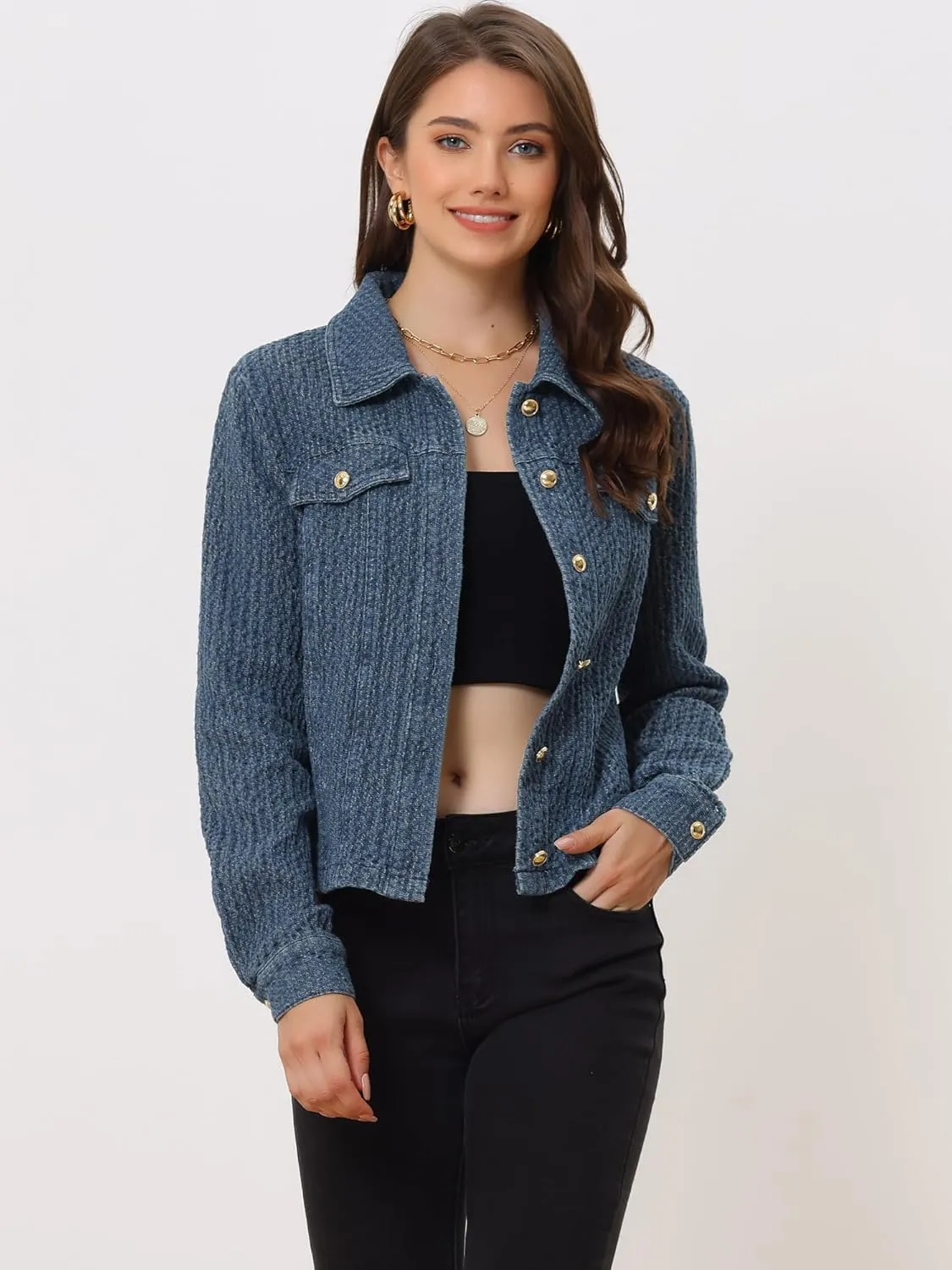 Allegra K Women's Denim Jacket Button Down Collared Long Sleeve Texture Casual Washed Jean Jackets