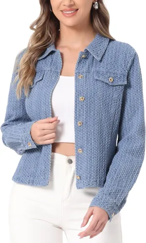 Allegra K Women's Denim Jacket Button Down Collared Long Sleeve Texture Casual Washed Jean Jackets