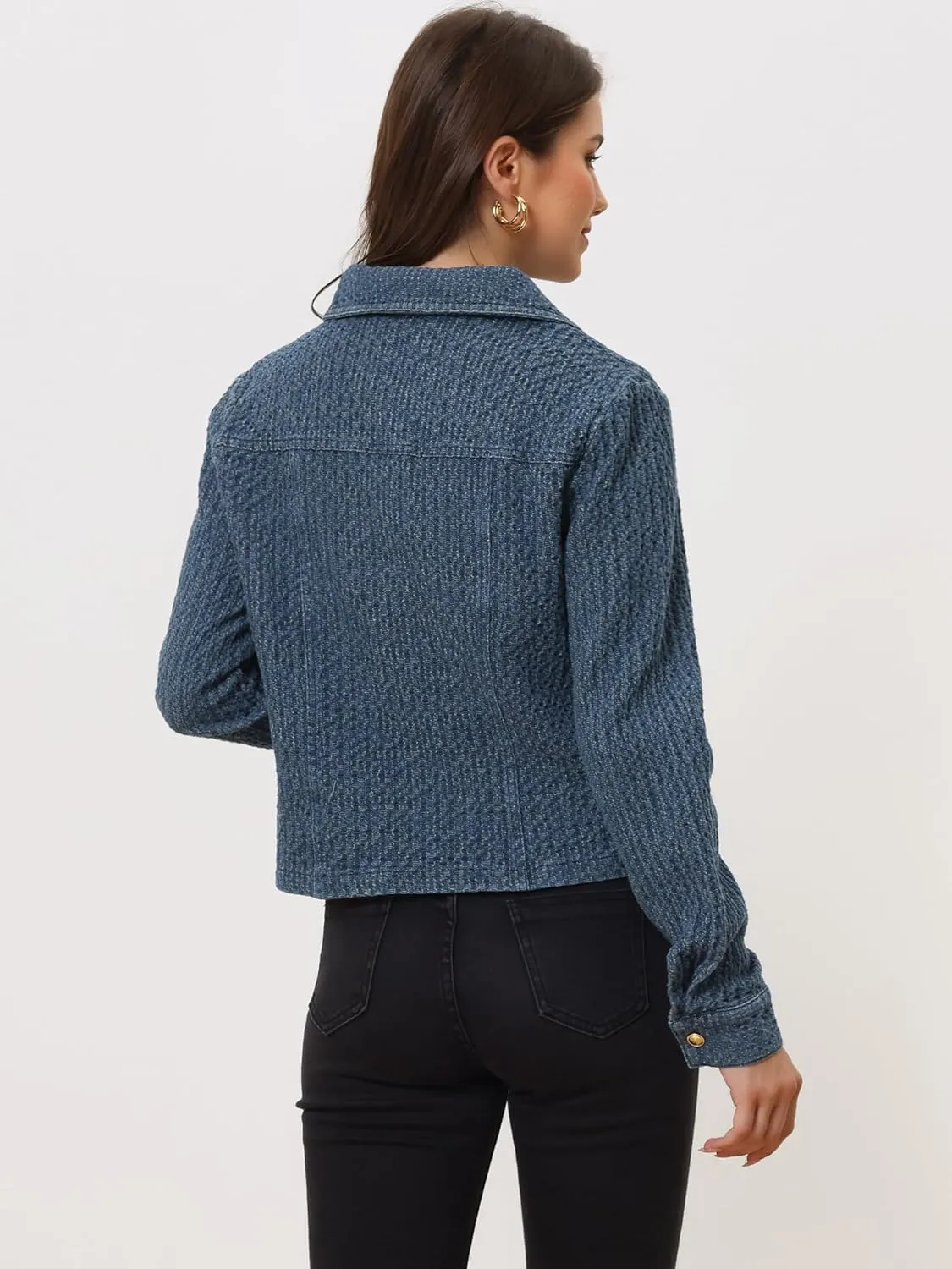 Allegra K Women's Denim Jacket Button Down Collared Long Sleeve Texture Casual Washed Jean Jackets