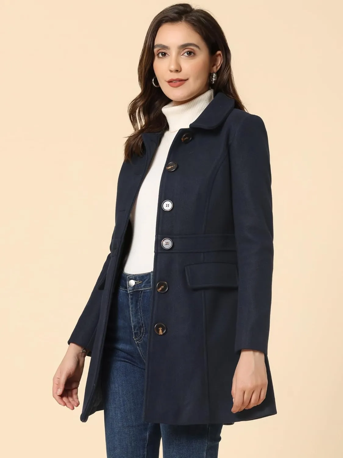 Allegra K Women's Winter Overcoat Peter Pan Collar Flap Pocket Single Breasted Coat