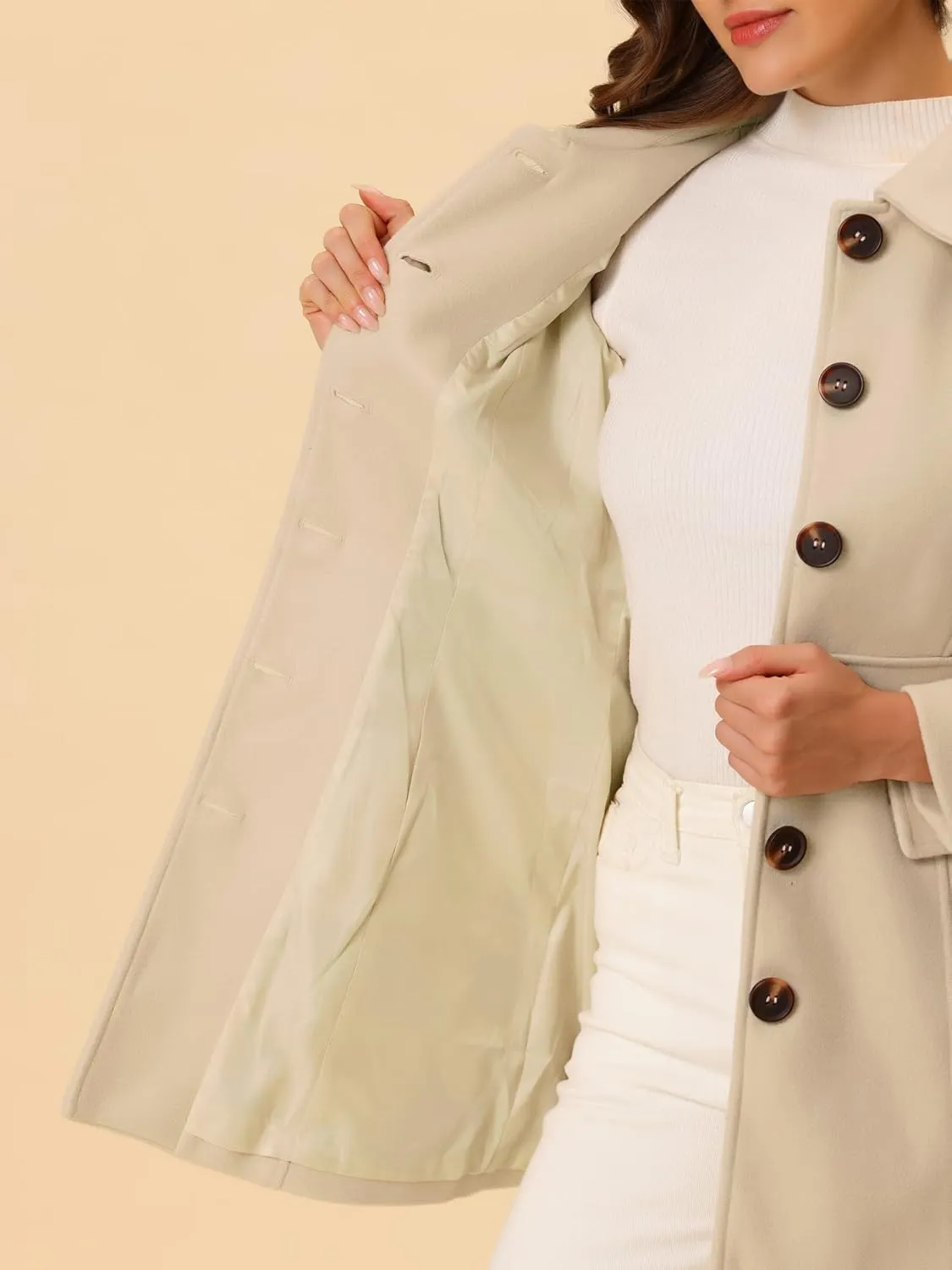 Allegra K Women's Winter Overcoat Peter Pan Collar Flap Pocket Single Breasted Coat