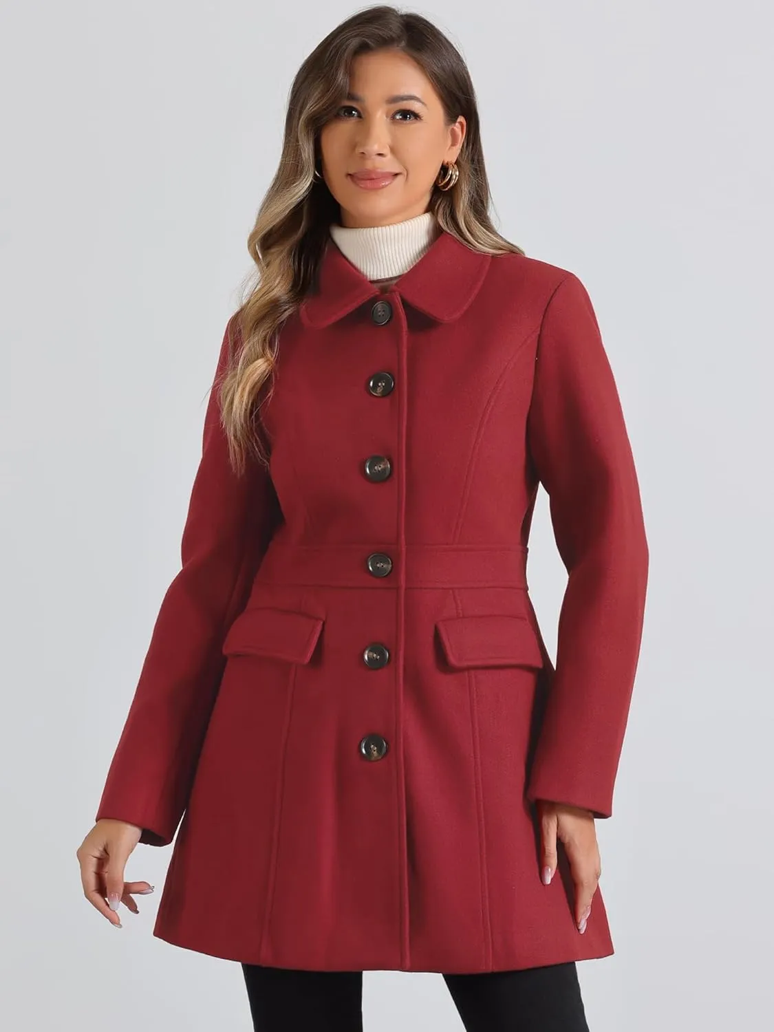 Allegra K Women's Winter Overcoat Peter Pan Collar Flap Pocket Single Breasted Coat