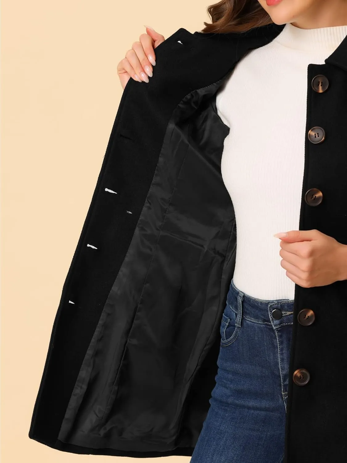 Allegra K Women's Winter Overcoat Peter Pan Collar Flap Pocket Single Breasted Coat