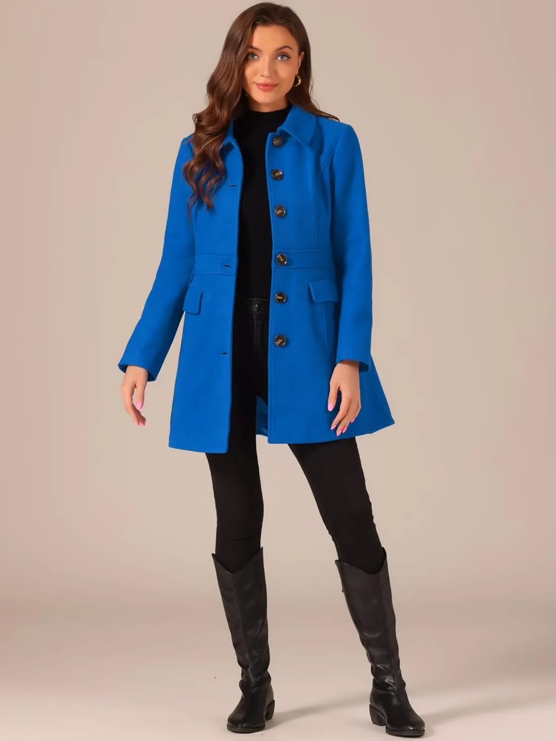 Allegra K Women's Winter Overcoat Peter Pan Collar Flap Pocket Single Breasted Coat