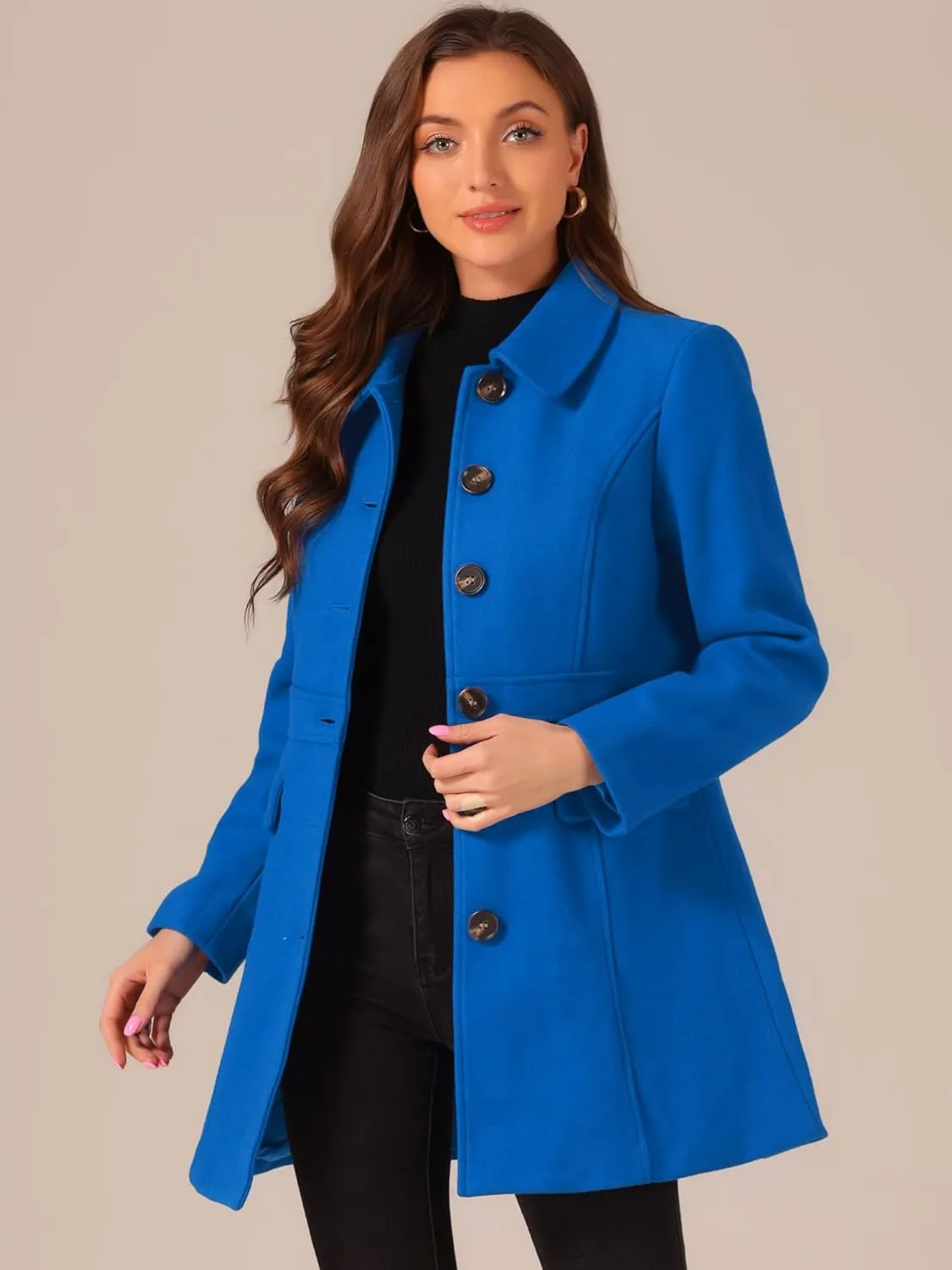 Allegra K Women's Winter Overcoat Peter Pan Collar Flap Pocket Single Breasted Coat