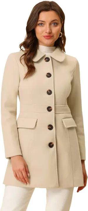 Allegra K Women's Winter Overcoat Peter Pan Collar Flap Pocket Single Breasted Coat