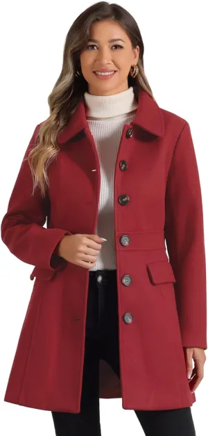 Allegra K Women's Winter Overcoat Peter Pan Collar Flap Pocket Single Breasted Coat