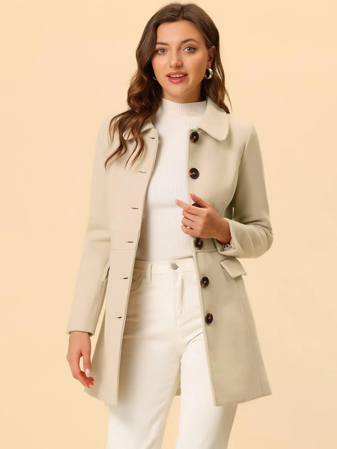 Allegra K Women's Winter Overcoat Peter Pan Collar Flap Pocket Single Breasted Coat