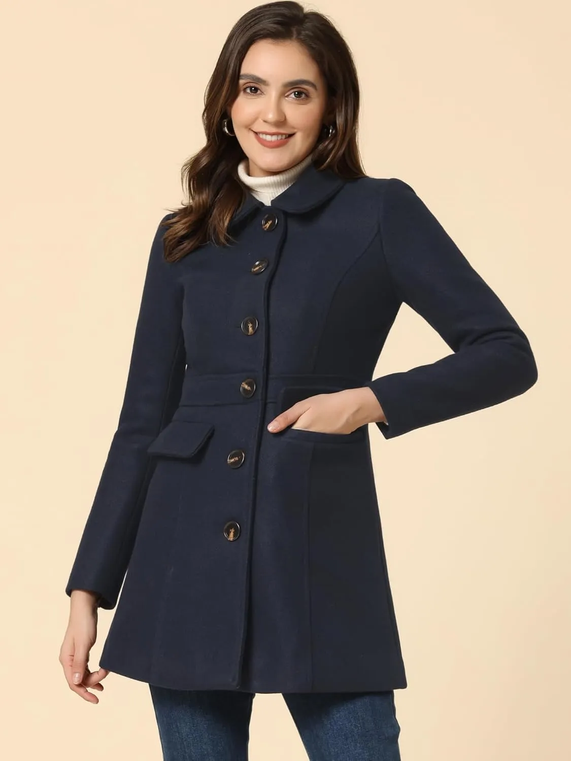 Allegra K Women's Winter Overcoat Peter Pan Collar Flap Pocket Single Breasted Coat