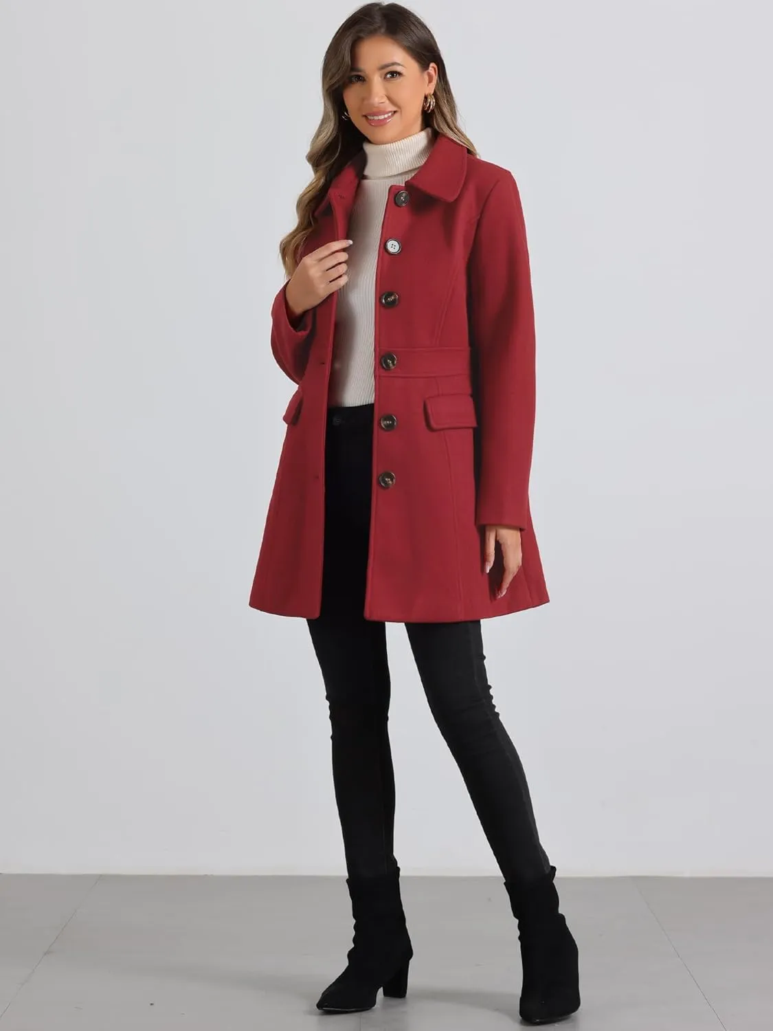 Allegra K Women's Winter Overcoat Peter Pan Collar Flap Pocket Single Breasted Coat