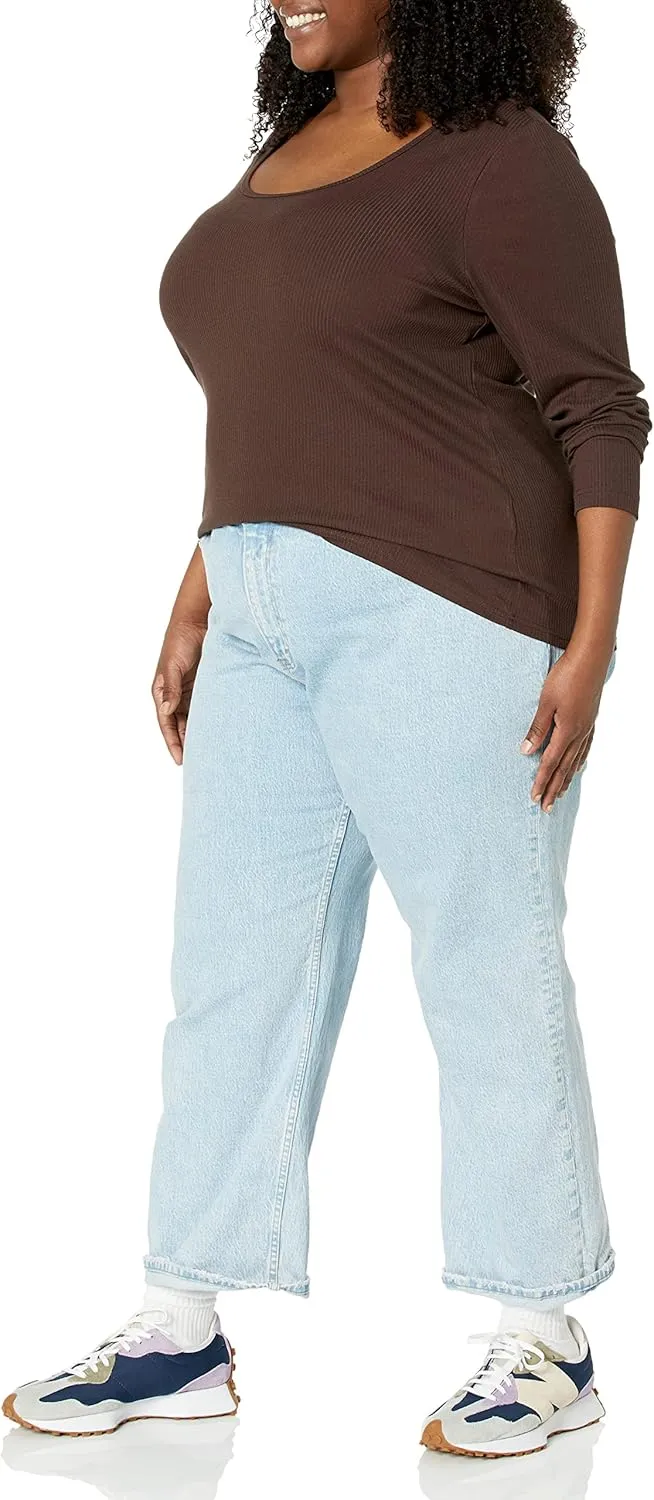 Amazon Essentials Sweater for Women, Long Sleeve Slim-Fit Rib Scoop Neck (Available in Plus Size), Pack of 2