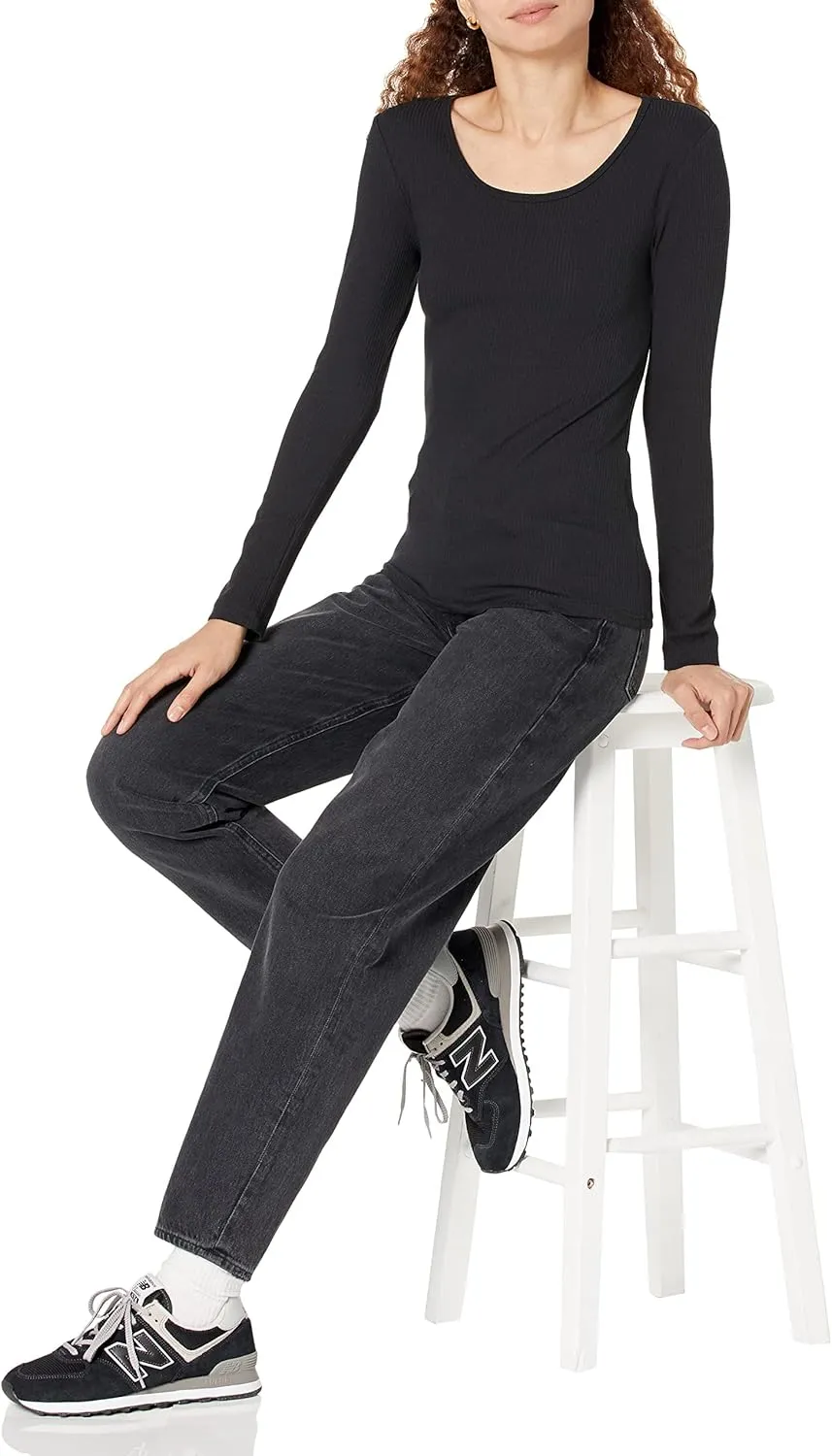 Amazon Essentials Sweater for Women, Long Sleeve Slim-Fit Rib Scoop Neck (Available in Plus Size), Pack of 2