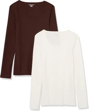 Amazon Essentials Sweater for Women, Long Sleeve Slim-Fit Rib Scoop Neck (Available in Plus Size), Pack of 2