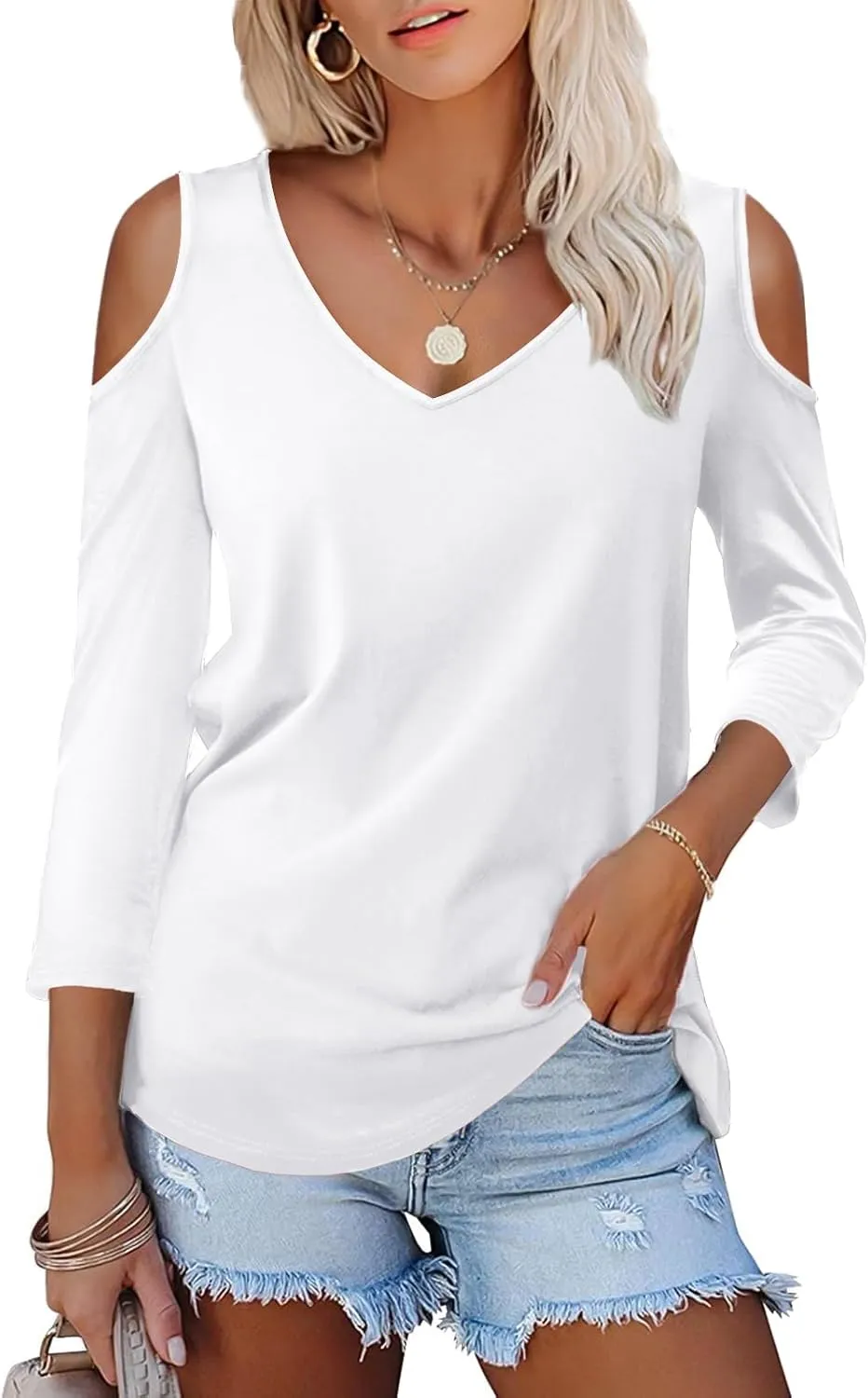 Amoretu Women's Long Sleeve Shirts Cold Shoulder Tops V Neck Blouse Tunic Shirts