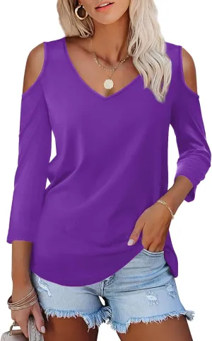 Amoretu Women's Long Sleeve Shirts Cold Shoulder Tops V Neck Blouse Tunic Shirts