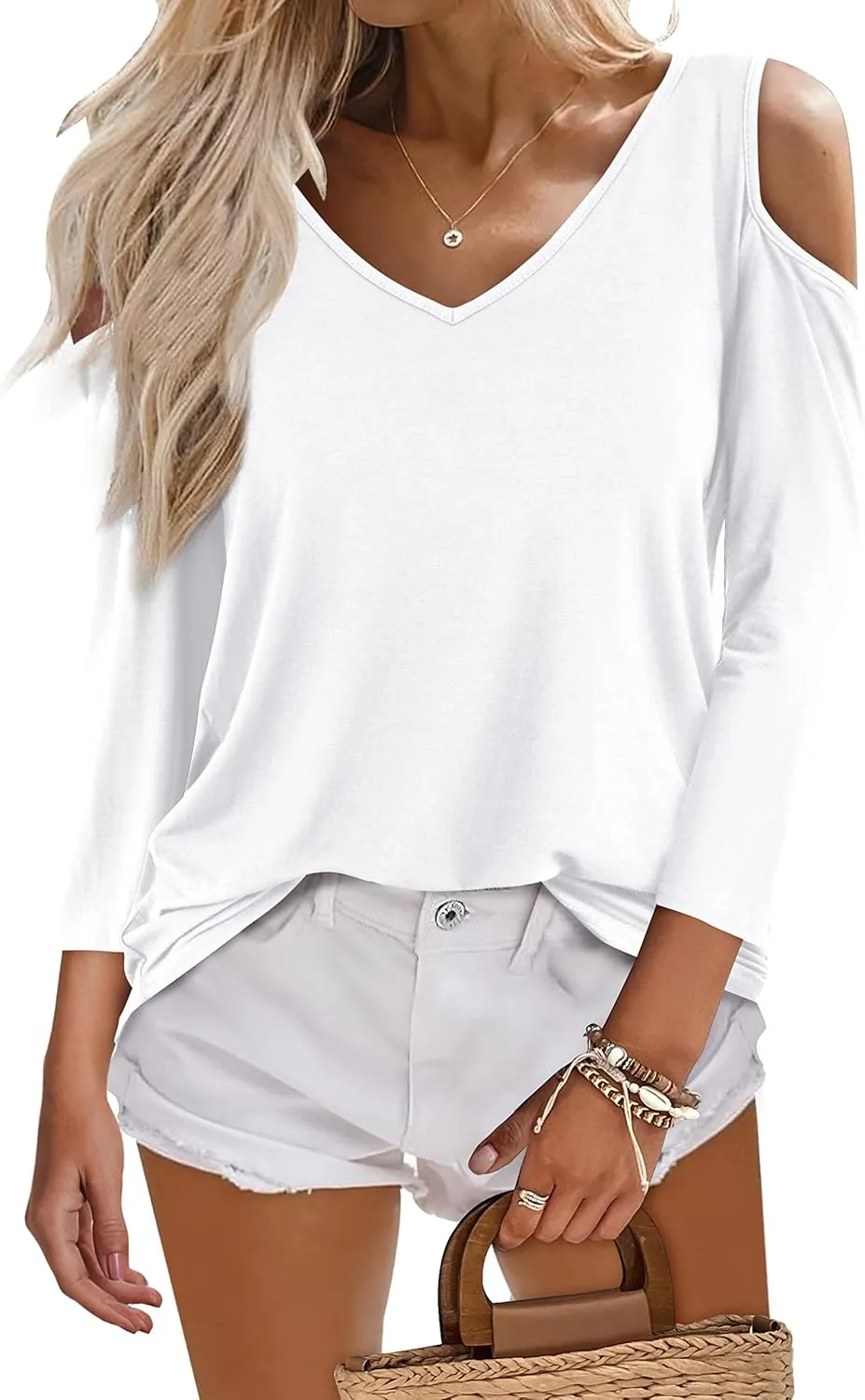 Amoretu Women's Long Sleeve Shirts Cold Shoulder Tops V Neck Blouse Tunic Shirts