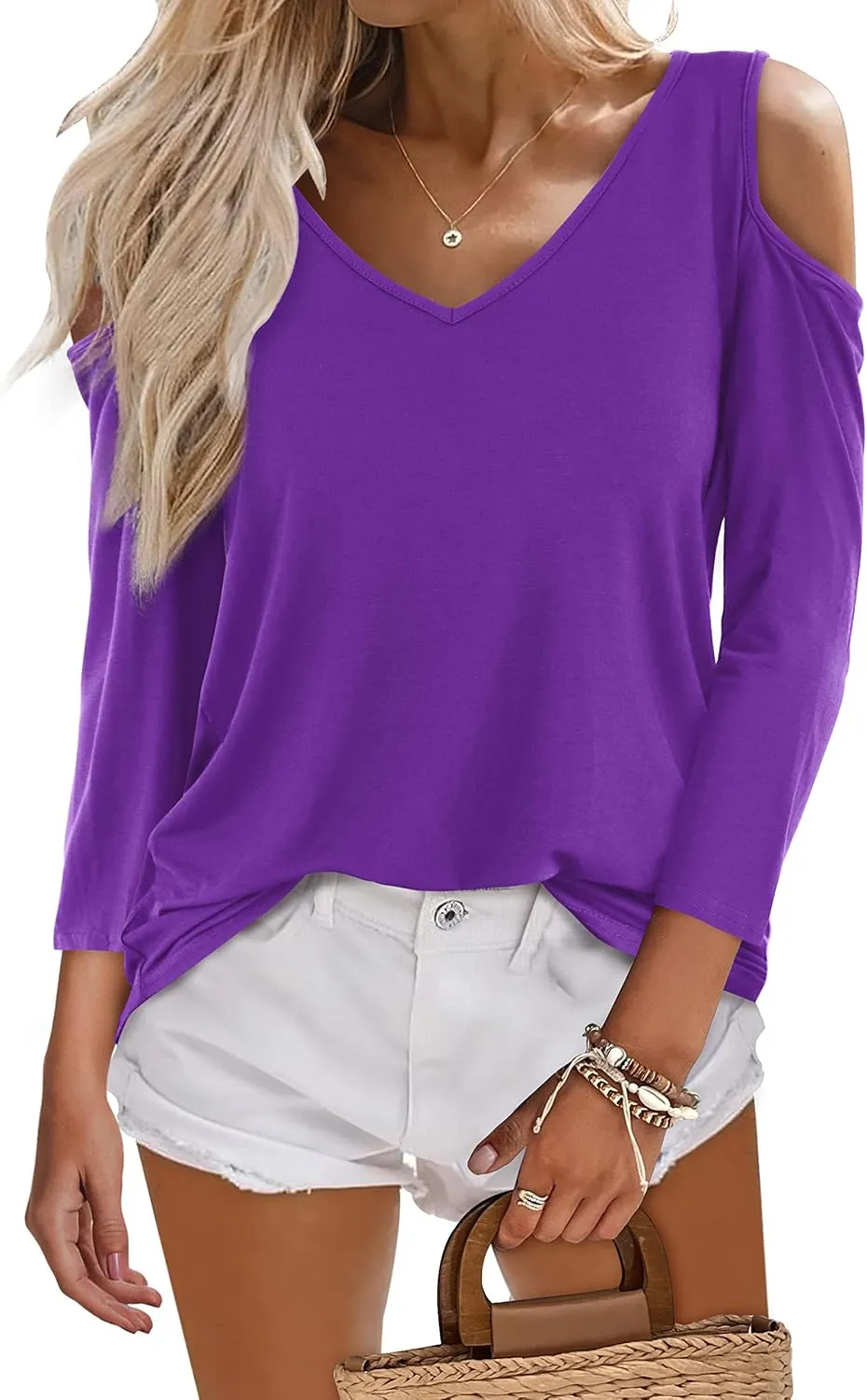 Amoretu Women's Long Sleeve Shirts Cold Shoulder Tops V Neck Blouse Tunic Shirts