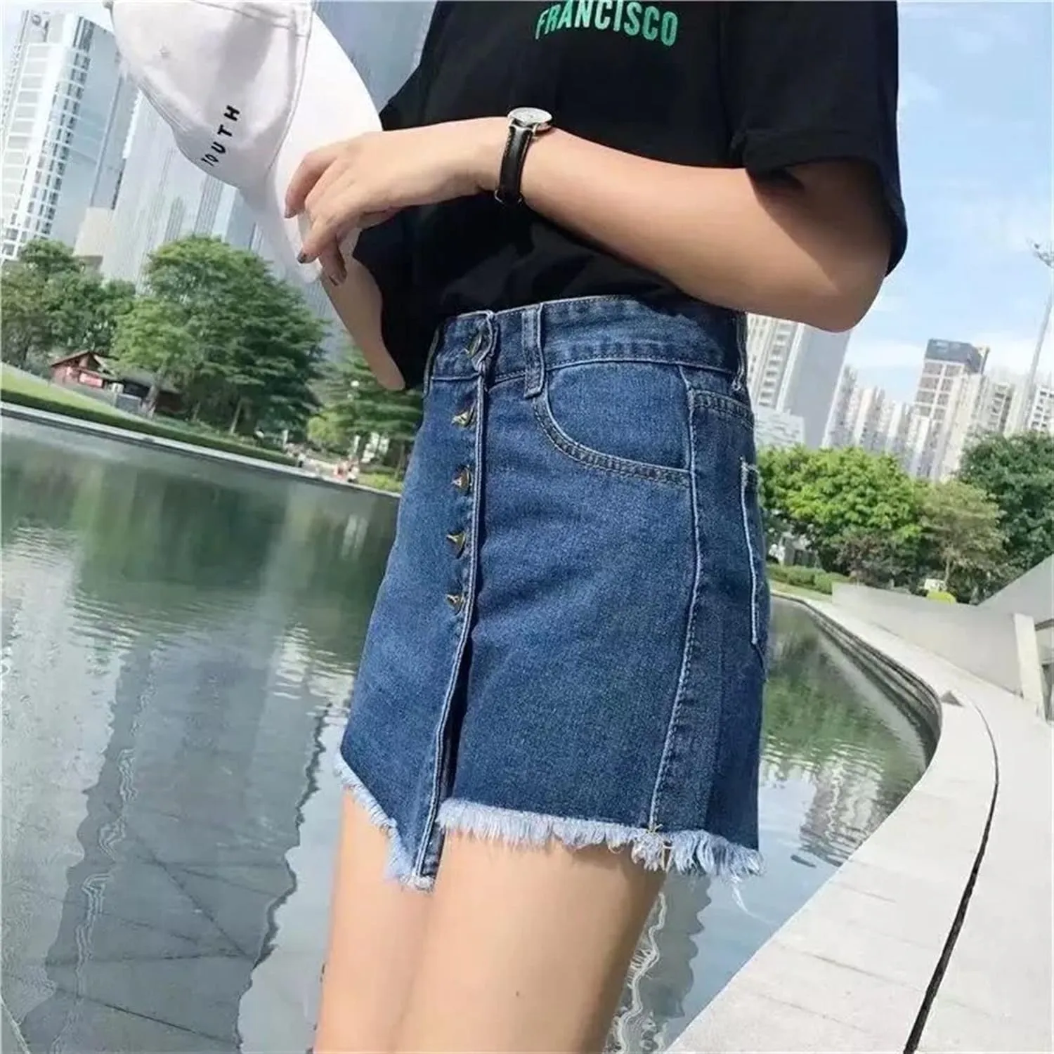 Andongnywell Women's High Waisted Button Front Denim Skort Asymmetrical Hem Skirt Shorts Adjustable Fork