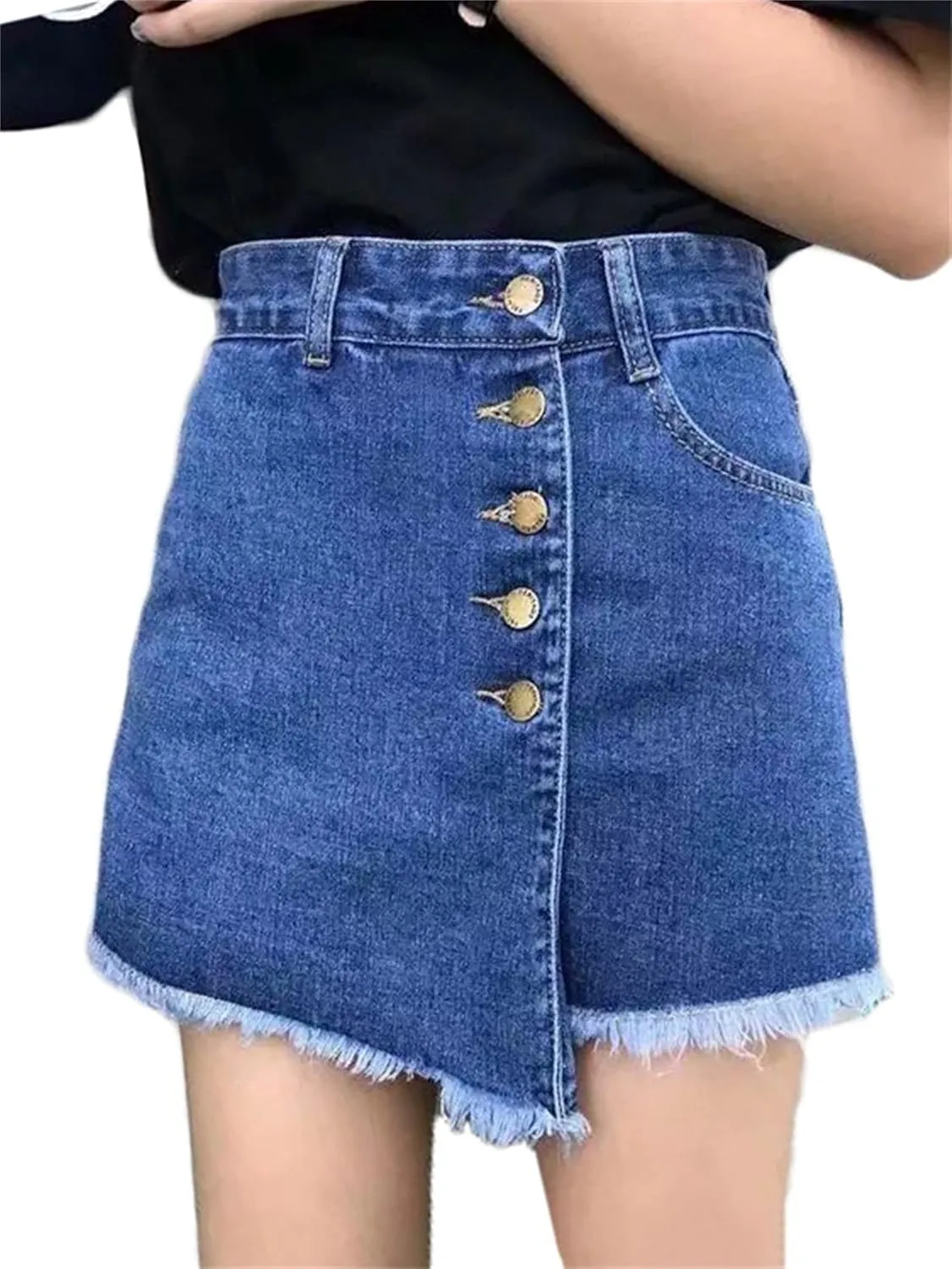 Andongnywell Women's High Waisted Button Front Denim Skort Asymmetrical Hem Skirt Shorts Adjustable Fork