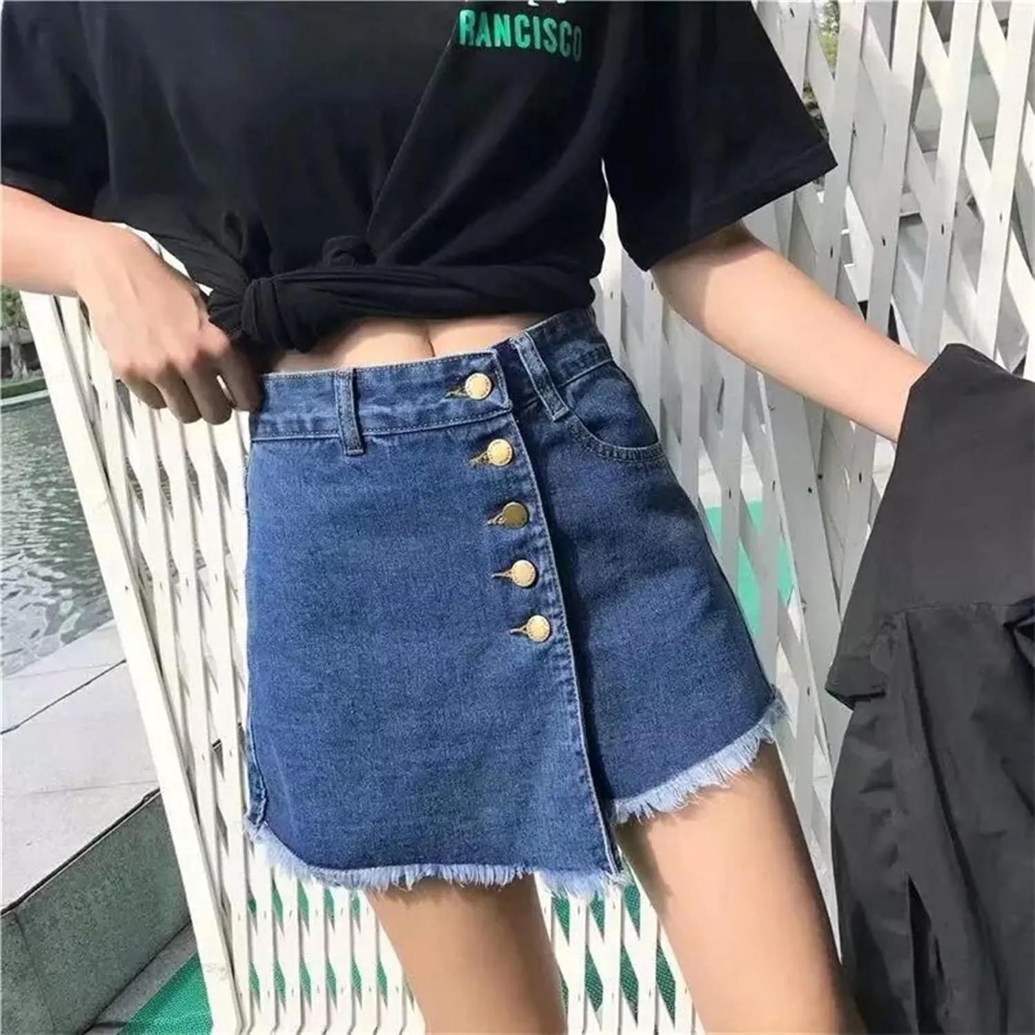 Andongnywell Women's High Waisted Button Front Denim Skort Asymmetrical Hem Skirt Shorts Adjustable Fork