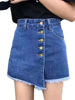 Andongnywell Women's High Waisted Button Front Denim Skort Asymmetrical Hem Skirt Shorts Adjustable Fork