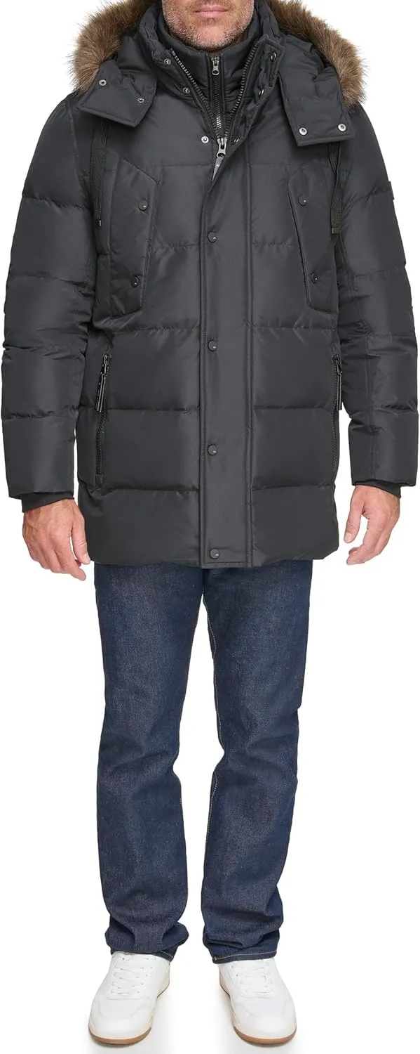 Andrew Marc Men's Gattica Down Parka Jacket with Removable Faux Fur Trimmed Hood and Bib