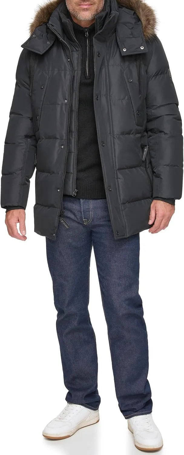 Andrew Marc Men's Gattica Down Parka Jacket with Removable Faux Fur Trimmed Hood and Bib