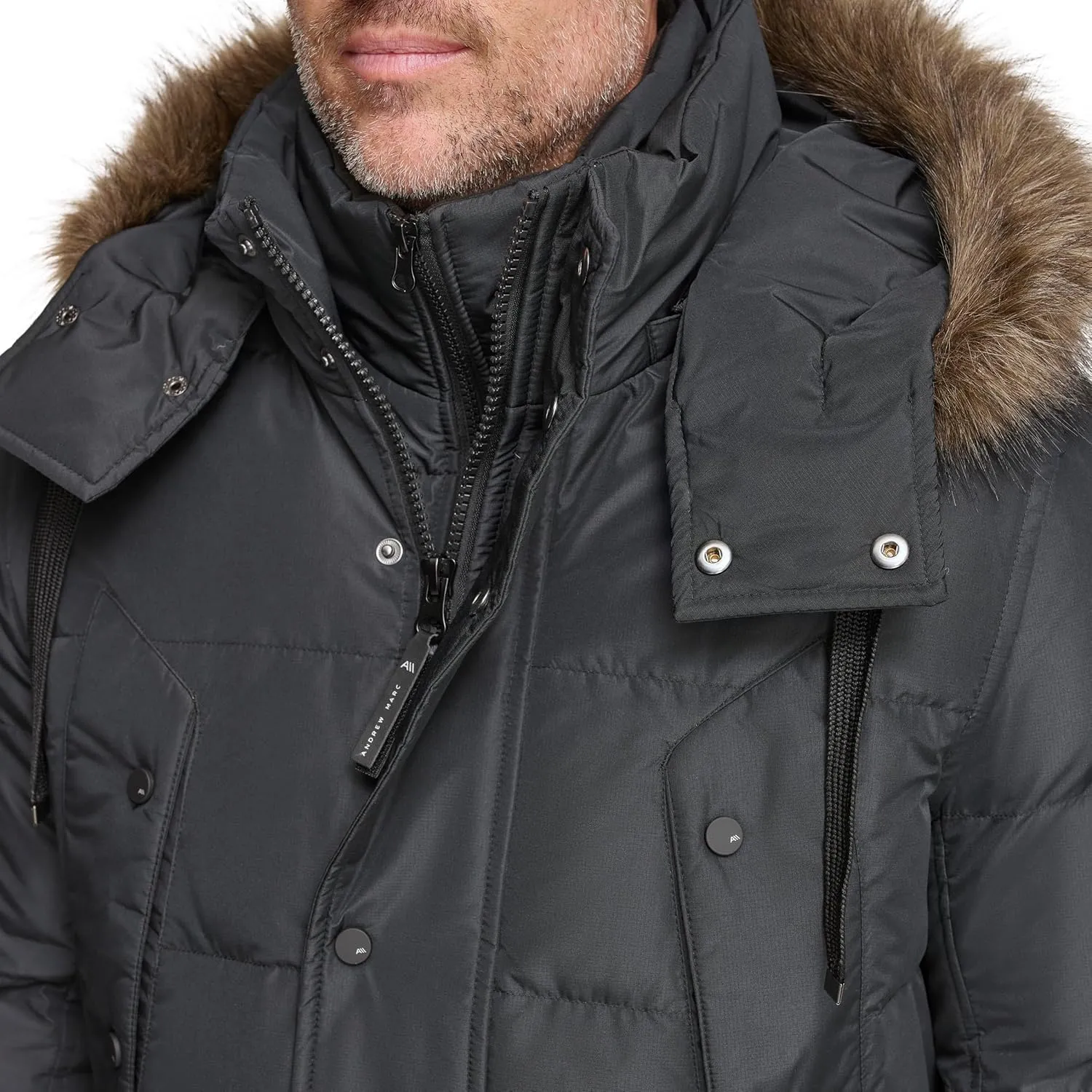 Andrew Marc Men's Gattica Down Parka Jacket with Removable Faux Fur Trimmed Hood and Bib