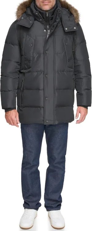 Andrew Marc Men's Gattica Down Parka Jacket with Removable Faux Fur Trimmed Hood and Bib