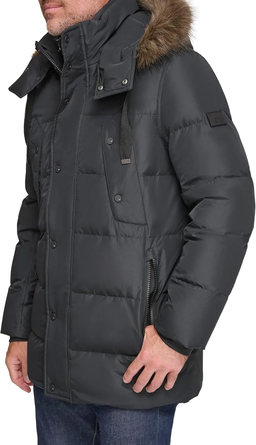 Andrew Marc Men's Gattica Down Parka Jacket with Removable Faux Fur Trimmed Hood and Bib