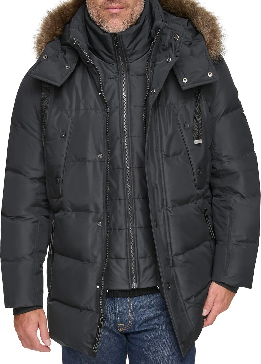 Andrew Marc Men's Gattica Down Parka Jacket with Removable Faux Fur Trimmed Hood and Bib