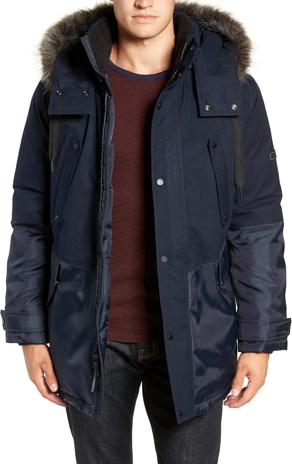 Andrew Marc Men's Maxfield Mid Length Down Jacket with Removable Hood