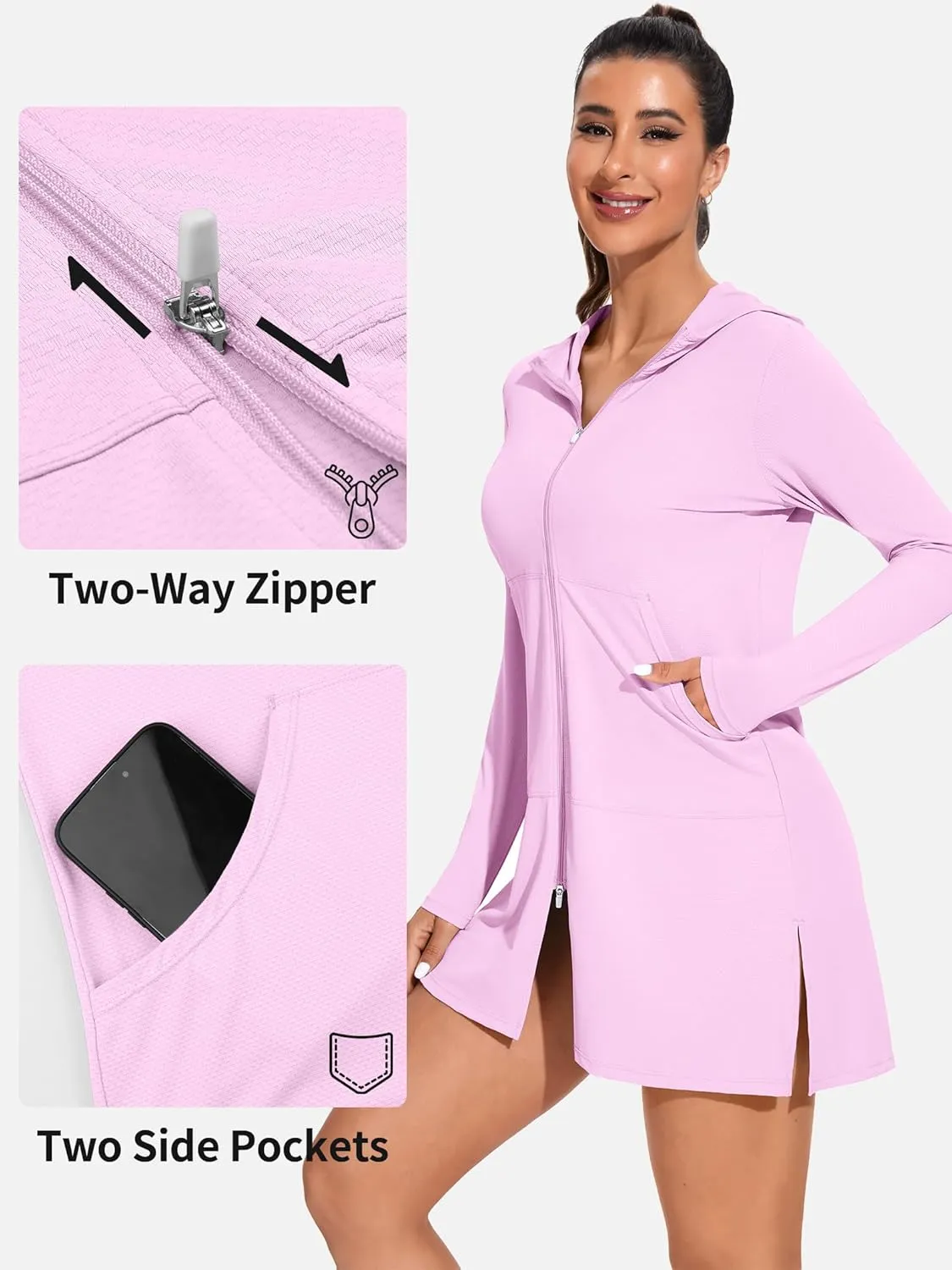 ATTRACO Womens Rash Guard Shirts Hooded Swim Shirts with Pockets Zipper Swimsuit Cover Up