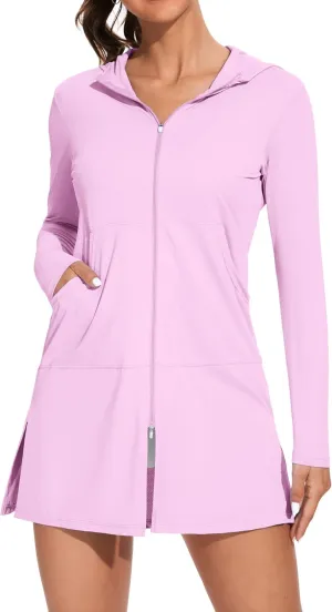 ATTRACO Womens Rash Guard Shirts Hooded Swim Shirts with Pockets Zipper Swimsuit Cover Up