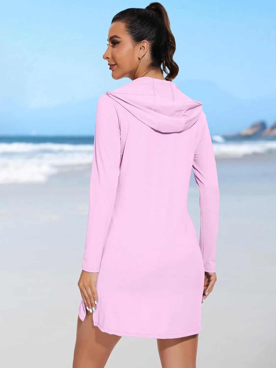 ATTRACO Womens Rash Guard Shirts Hooded Swim Shirts with Pockets Zipper Swimsuit Cover Up