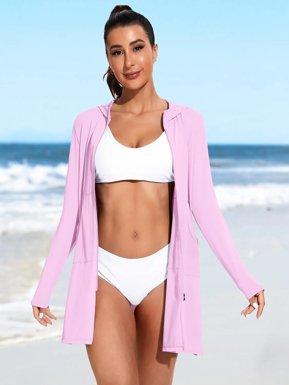 ATTRACO Womens Rash Guard Shirts Hooded Swim Shirts with Pockets Zipper Swimsuit Cover Up