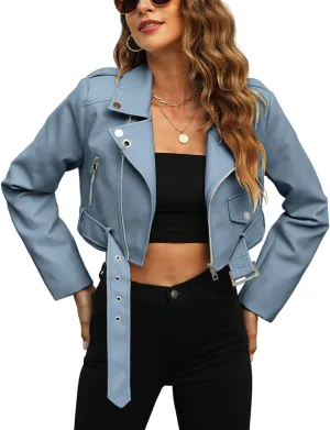 Bellivera Women's Cropped Faux Leather Jacket Bomber Casual Zip Up Coat PU Moto Bike Outwear with Pockets