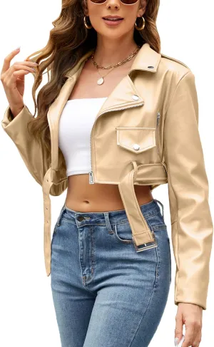 Bellivera Women's Cropped Faux Leather Jacket Bomber Casual Zip Up Coat PU Moto Bike Outwear with Pockets