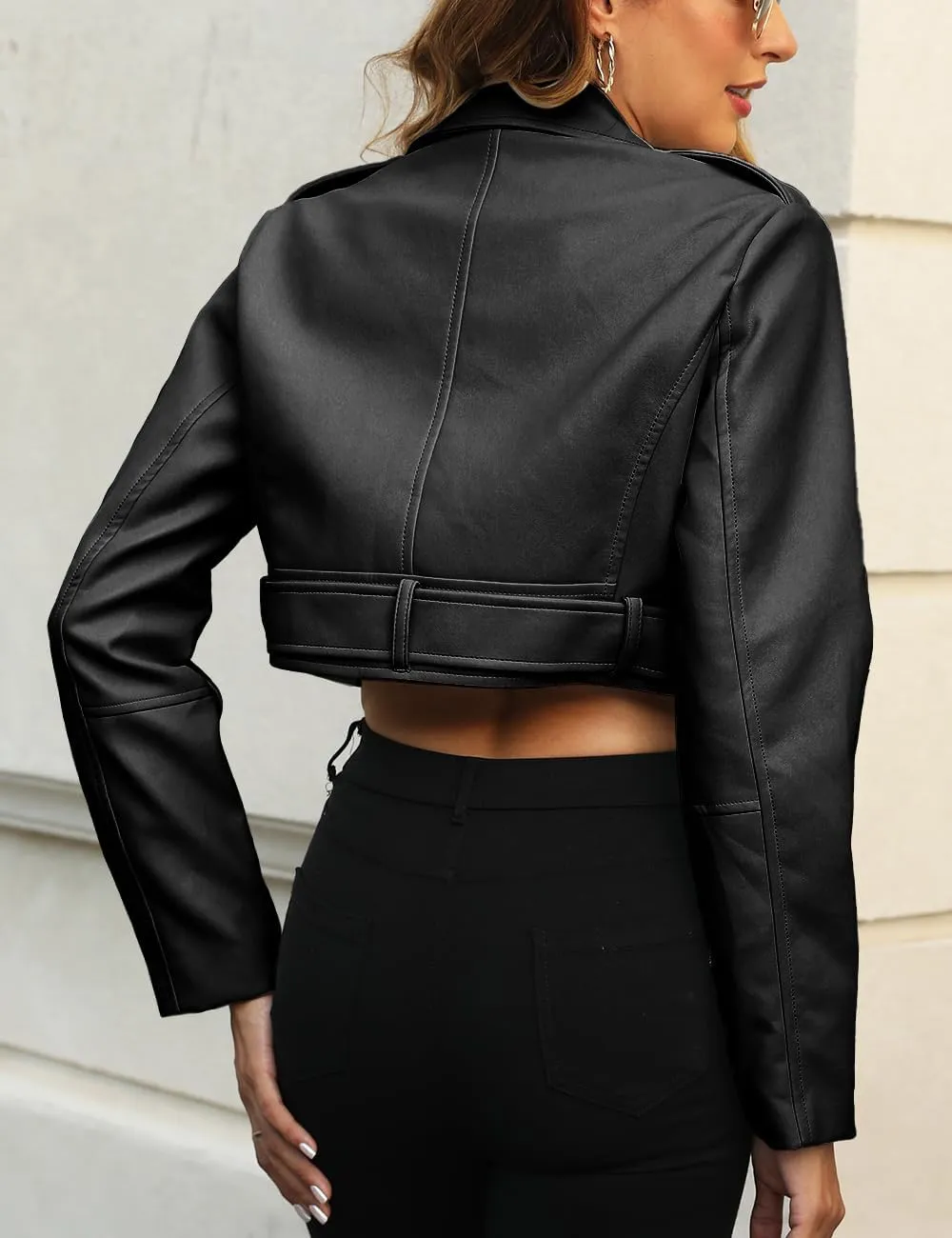 Bellivera Women's Cropped Faux Leather Jacket Bomber Casual Zip Up Coat PU Moto Bike Outwear with Pockets