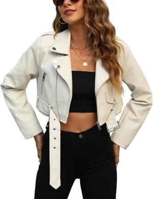Bellivera Women's Cropped Faux Leather Jacket Bomber Casual Zip Up Coat PU Moto Bike Outwear with Pockets