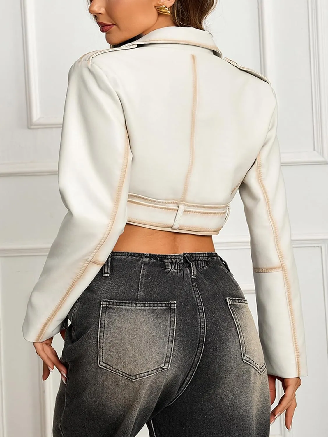 Bellivera Women's Cropped Faux Leather Jacket Bomber Casual Zip Up Coat PU Moto Bike Outwear with Pockets